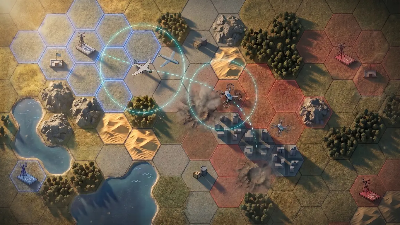Drones War battlefield — a top-down hex command table